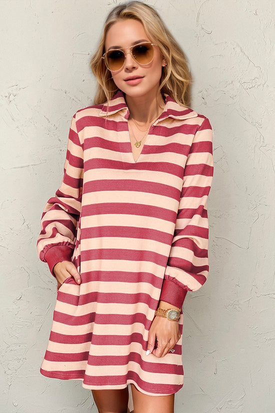 Double Take Full Size Striped Contrast Collared Neck Long Sleeve Dress - MyEmpired