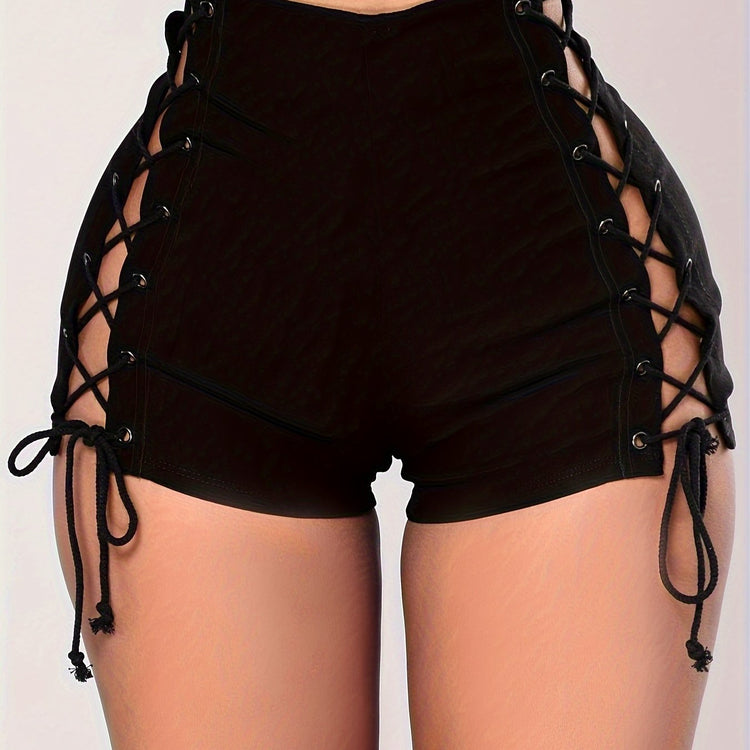High Waist Lace Up Shorts, Sexy Solid Color Skinny Shorts For Spring & Summer, Women&