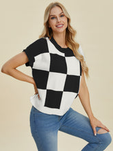 Double Take Full Size Checkered Round Neck Short Sleeve Sweater - MyEmpired