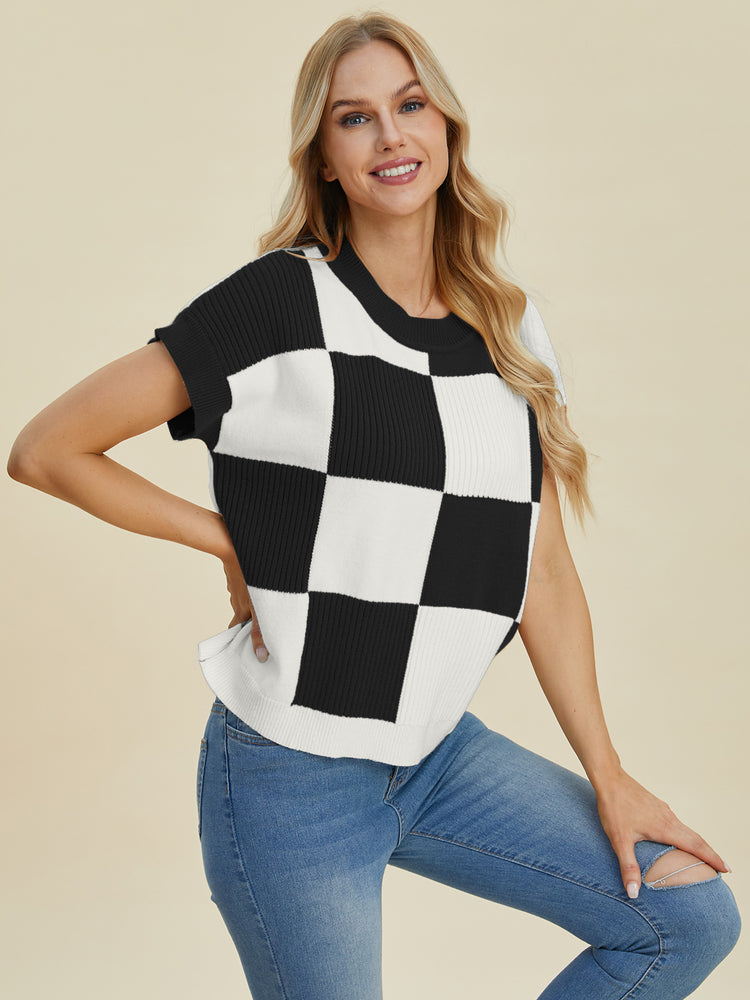 Double Take Full Size Checkered Round Neck Short Sleeve Sweater - MyEmpired
