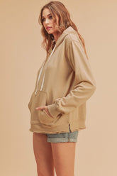 Aemi + Co Raw Hem Kangaroo Pocketed Drawstring Hoodie - MyEmpired