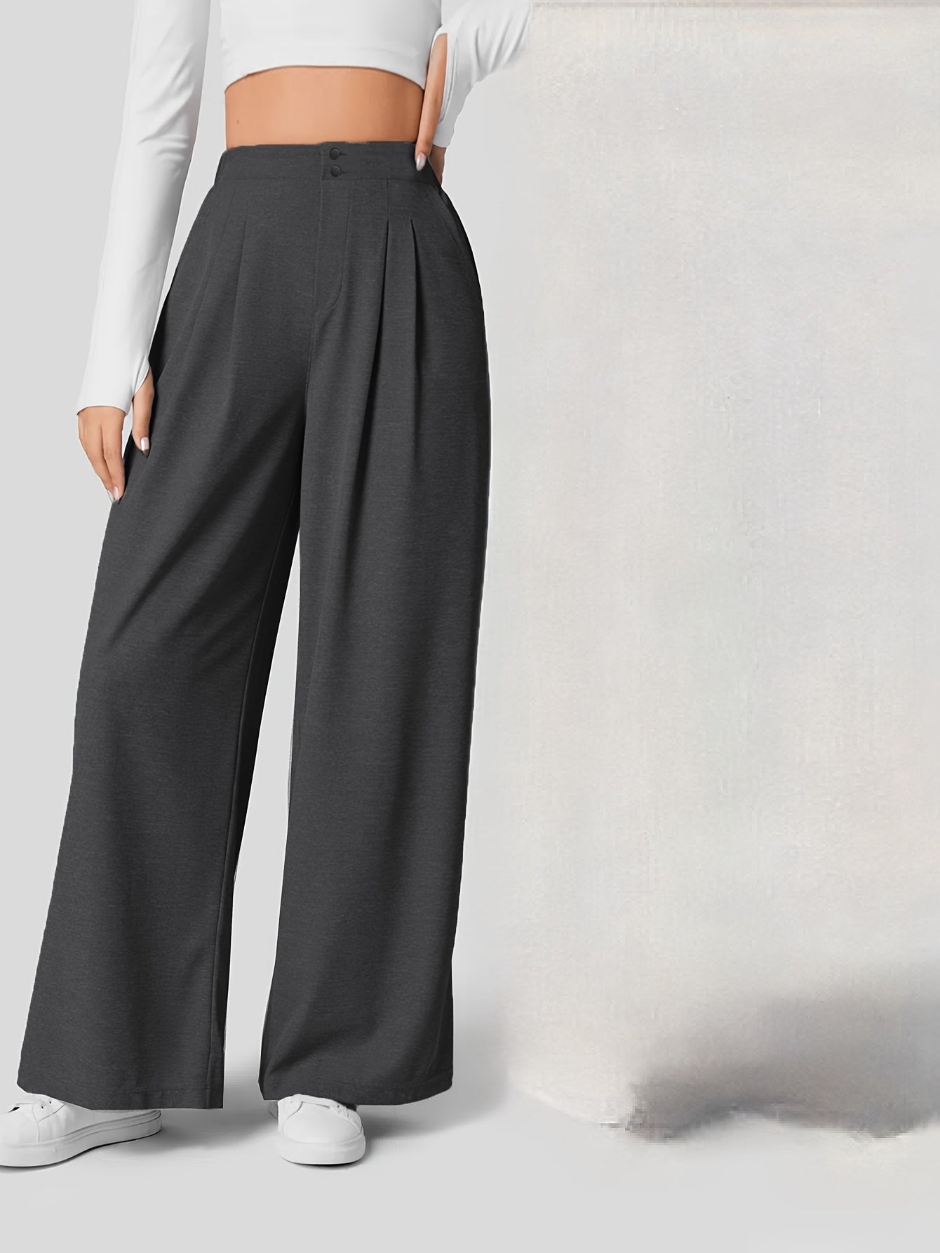 Solid Color Wide Leg Pants, Casual Pleated Loose Pants For Spring & Summer, Women's Clothing