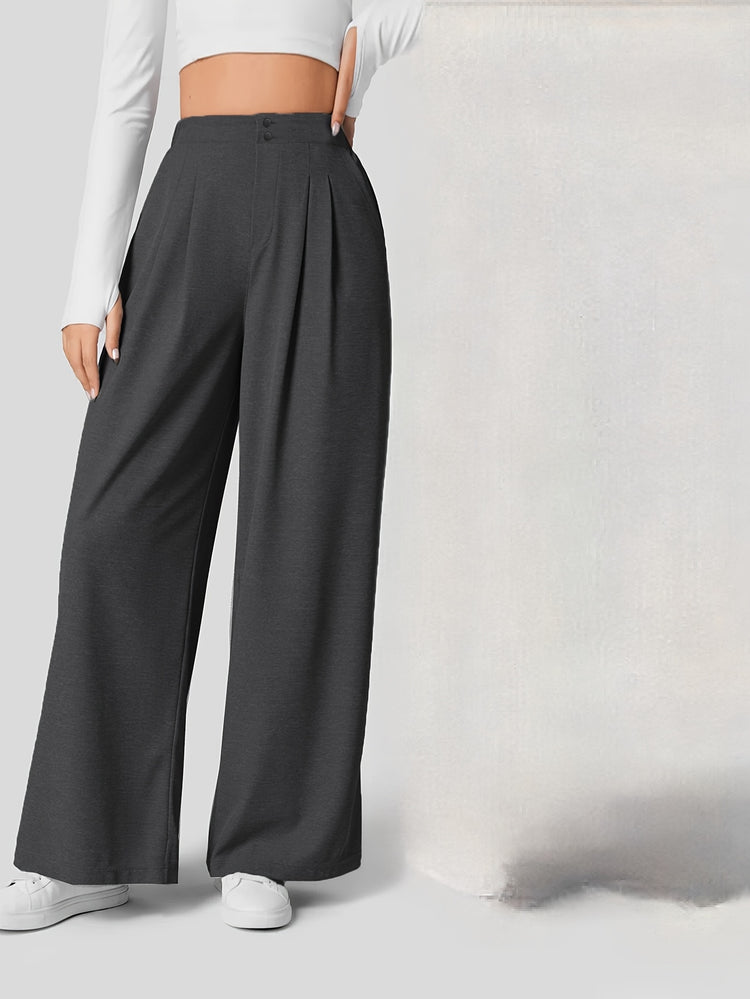 Solid Color Wide Leg Pants, Casual Pleated Loose Pants For Spring & Summer, Women&
