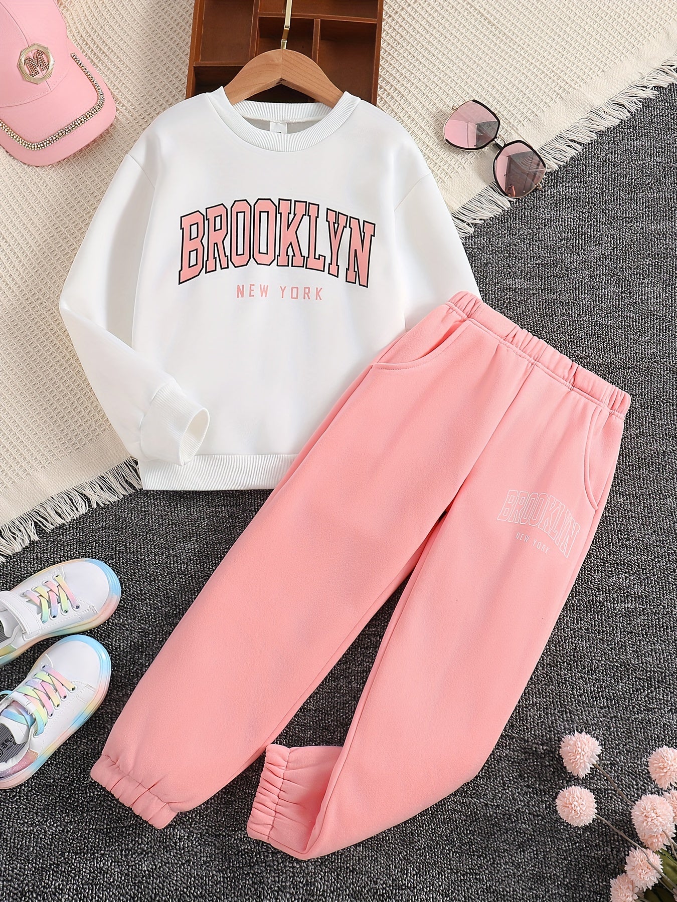 Girls 2pcs, BROOKLYN Print Sweatshirt Top & Jogger Pants With Pocket For Fall Sports Gift Kids outdoor Clothes