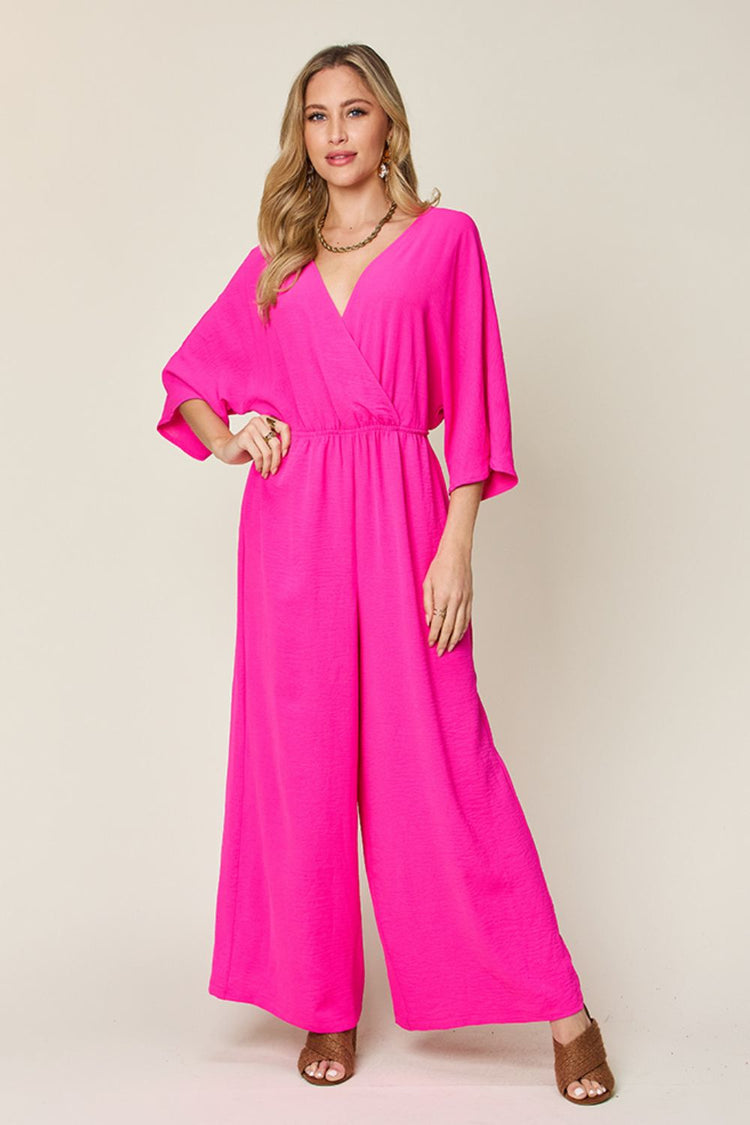 Double Take Full Size Surplice Wide Leg Jumpsuit with Pockets - MyEmpired