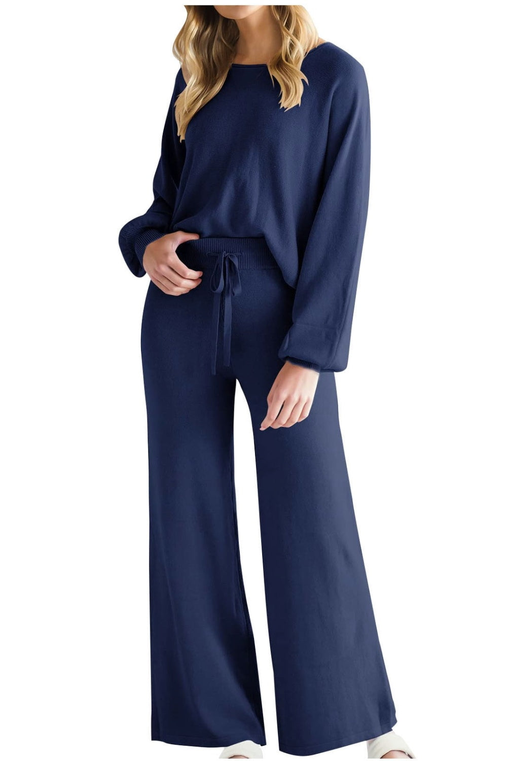 Round Neck Long Sleeve Top and Pants Set - MyEmpired