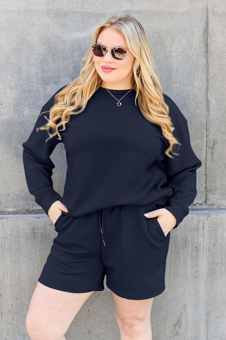 Double Take Full Size Texture Long Sleeve Top and Drawstring Shorts Set - MyEmpired