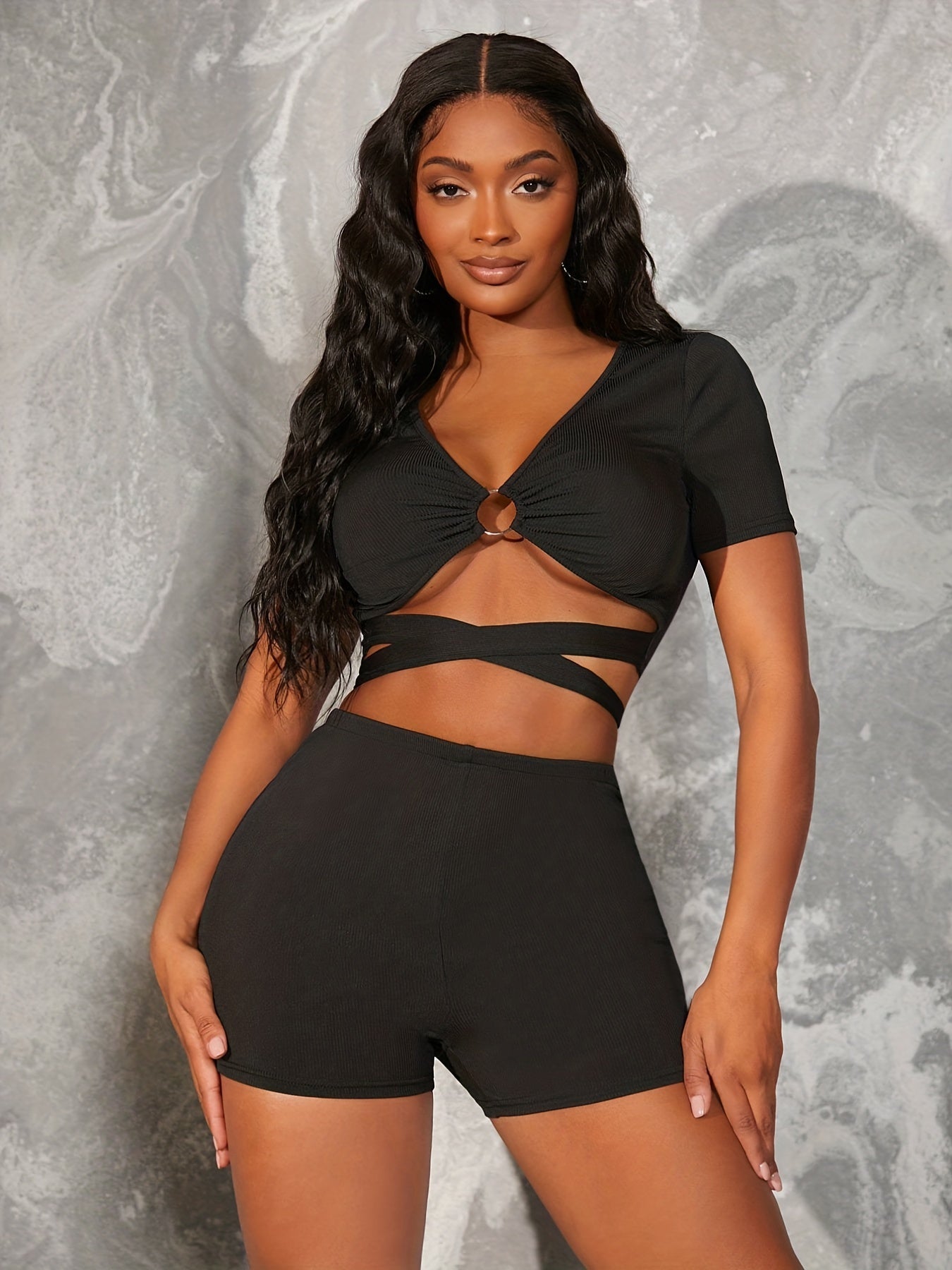 Sexy Matching Two-piece Set, Ring Linked Crop Top & Skinny Shorts Outfits, Women's Clothing