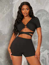 Sexy Matching Two-piece Set, Ring Linked Crop Top & Skinny Shorts Outfits, Women&