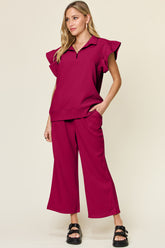 Double Take Texture Ruffle Short Sleeve Top and Drawstring Wide Leg Pants Set - MyEmpired