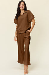 Double Take Full Size Texture Half Zip Short Sleeve Top and Pants Set - MyEmpired