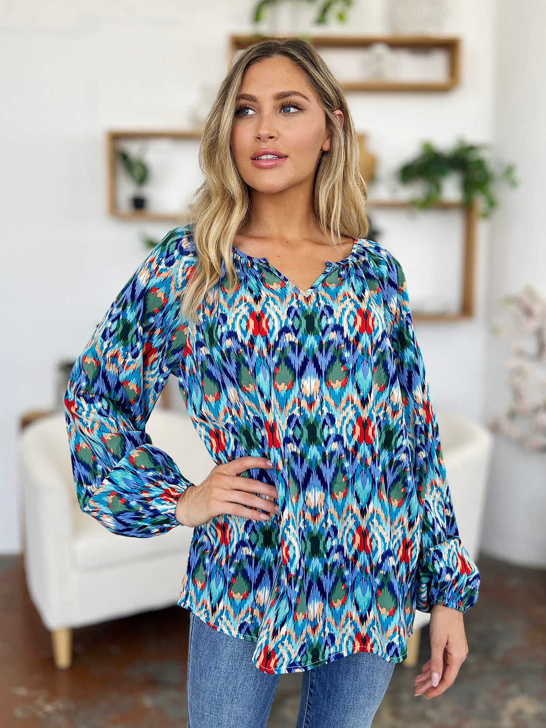 Double Take Full Size Printed Balloon Sleeve Blouse - MyEmpired