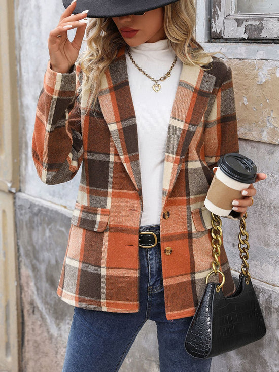 Perfee Plaid Button Down Lapel Collar Blazer - MyEmpired