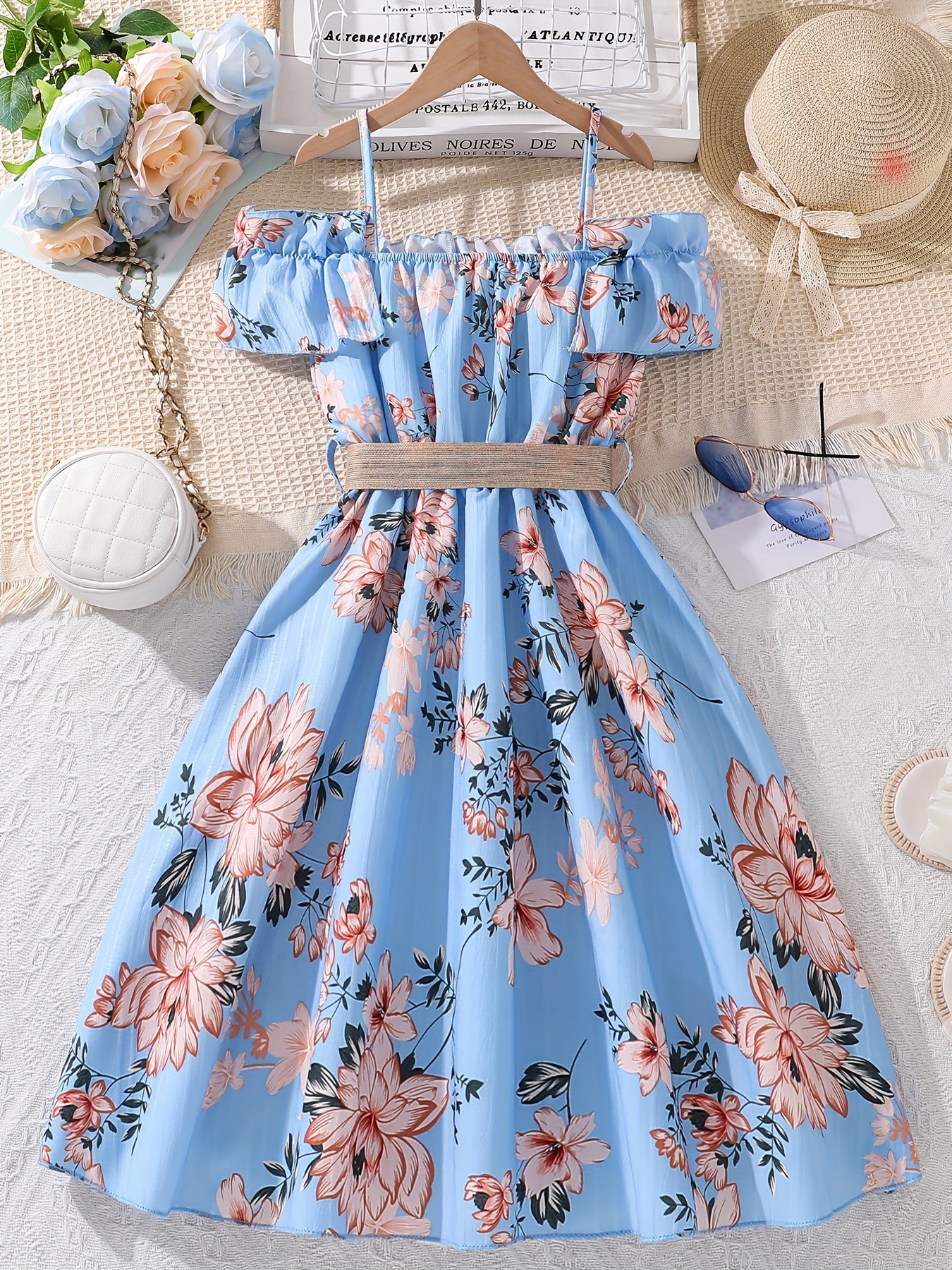 Sweet Girls Flora Print 2pcs Set Ruffle Trim Cami Top + Skirt With Belt Set For Spring Summer Party