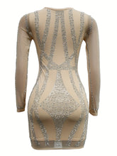 Rhinestone Sweetheart Neck Bodycon Dress, Sexy Mesh Long Sleeve Dress For Spring & Summer, Women&