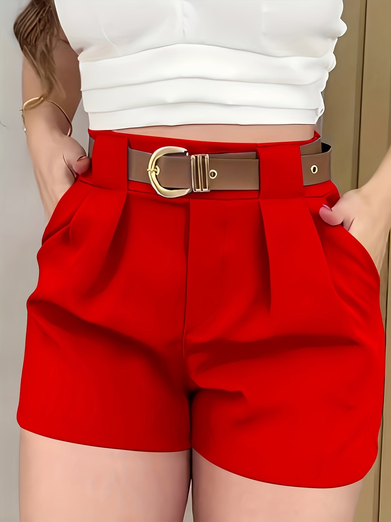 Slant Pockets High Waist Loose Shorts, Casual Solid Color Shorts For Spring & Summer, Women's Clothing