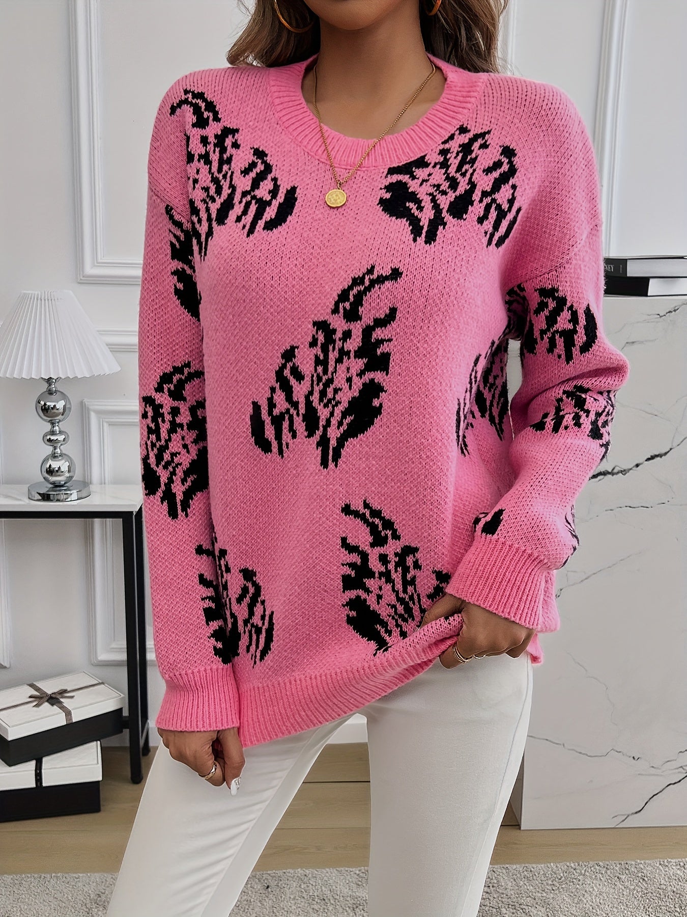 Abstract Pattern Crew Neck Sweater, Casual Long Sleeve Drop Shoulder Sweater For Fall & Winter, Women's Clothing