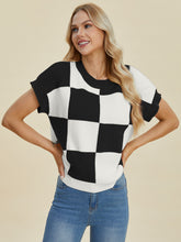 Double Take Full Size Checkered Round Neck Short Sleeve Sweater - MyEmpired