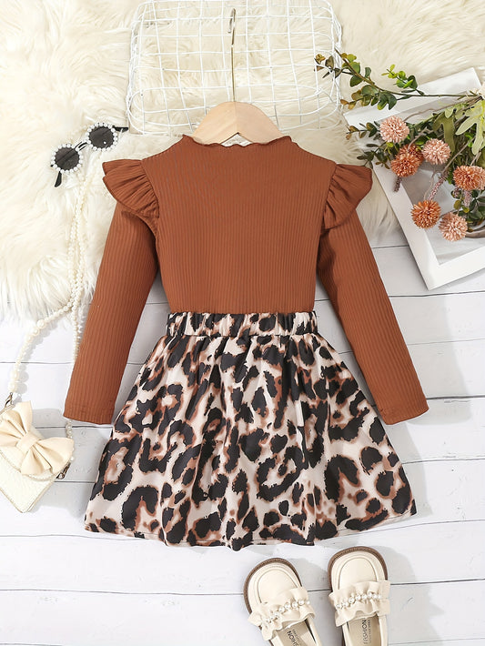 Girls' Fashionable 2-Piece Set - Casual Long Sleeve T-Shirt and Leopard Print Skirt - Spring/Fall Collection with Polyester and Spandex Blend - Regular Fit, Knit Fabric, Umbrella Hem