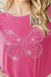 Heimish Full Size Rhinestone Butterfly Round Neck Short Sleeve T-Shirt Plus Size - MyEmpired