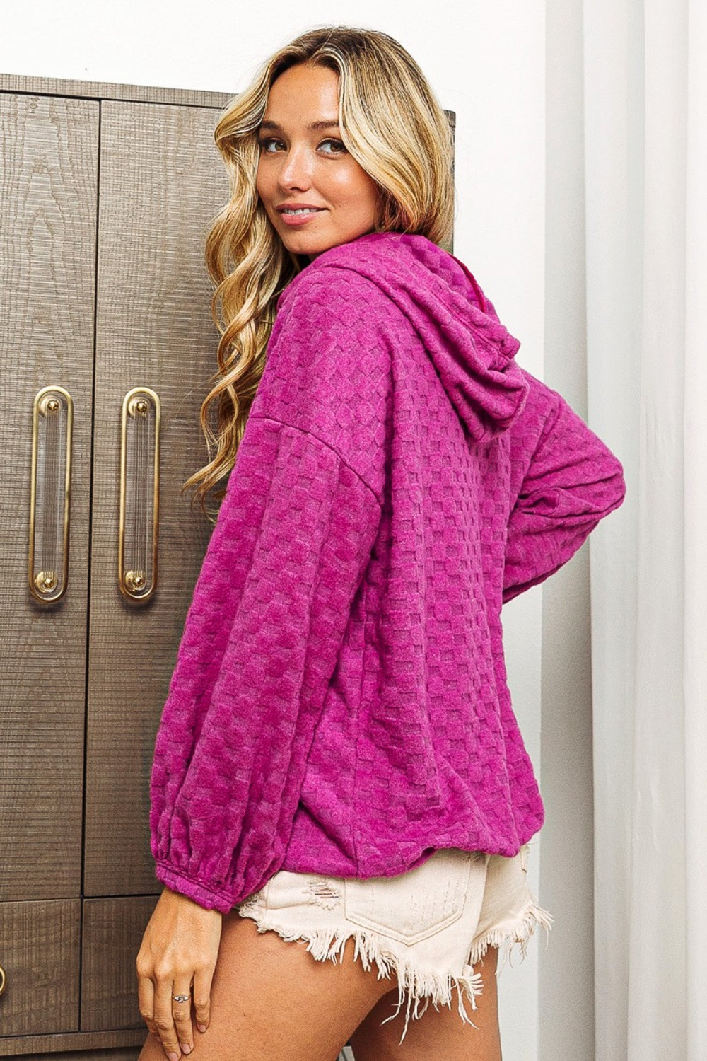 BiBi Brushed Checker Drawstring Long Sleeve Hoodie - MyEmpired