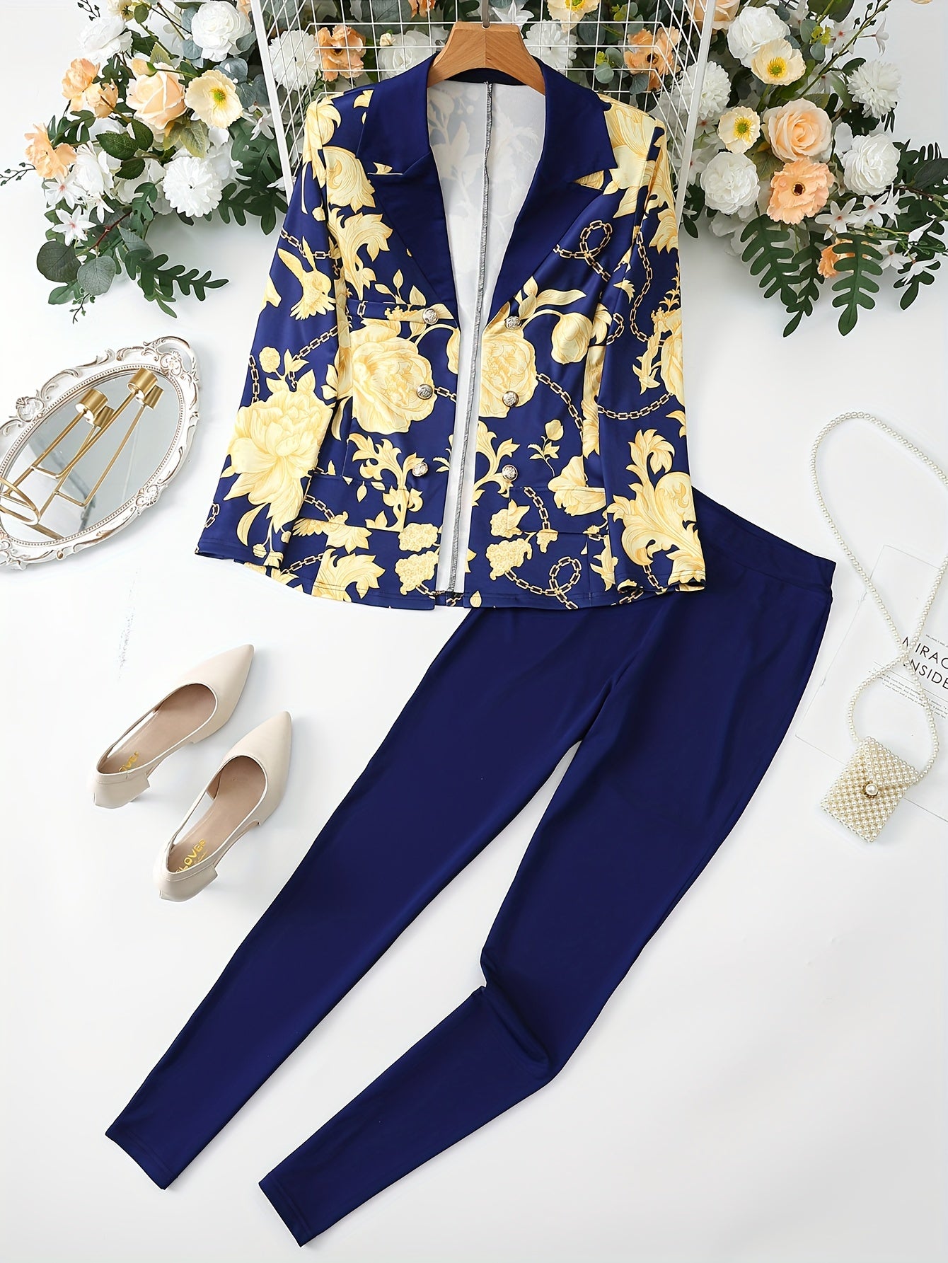 Floral Print Elegant Suit Set, Double Breasted Blazer & Slim Fit Pants Outfits, Women's Clothing