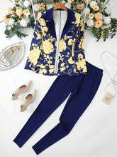 Floral Print Elegant Suit Set, Double Breasted Blazer & Slim Fit Pants Outfits, Women&