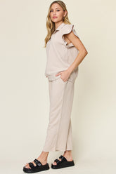 Double Take Texture Ruffle Short Sleeve Top and Drawstring Wide Leg Pants Set - MyEmpired