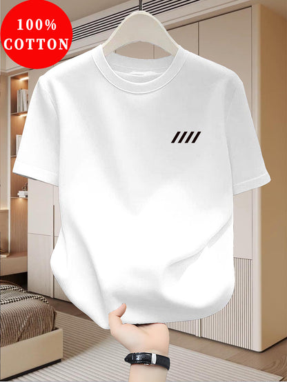 Men's 100% Cotton T-Shirt, Simple Print Design, Basic Cotton Top for Men, Suitable for Daily Summer Wear