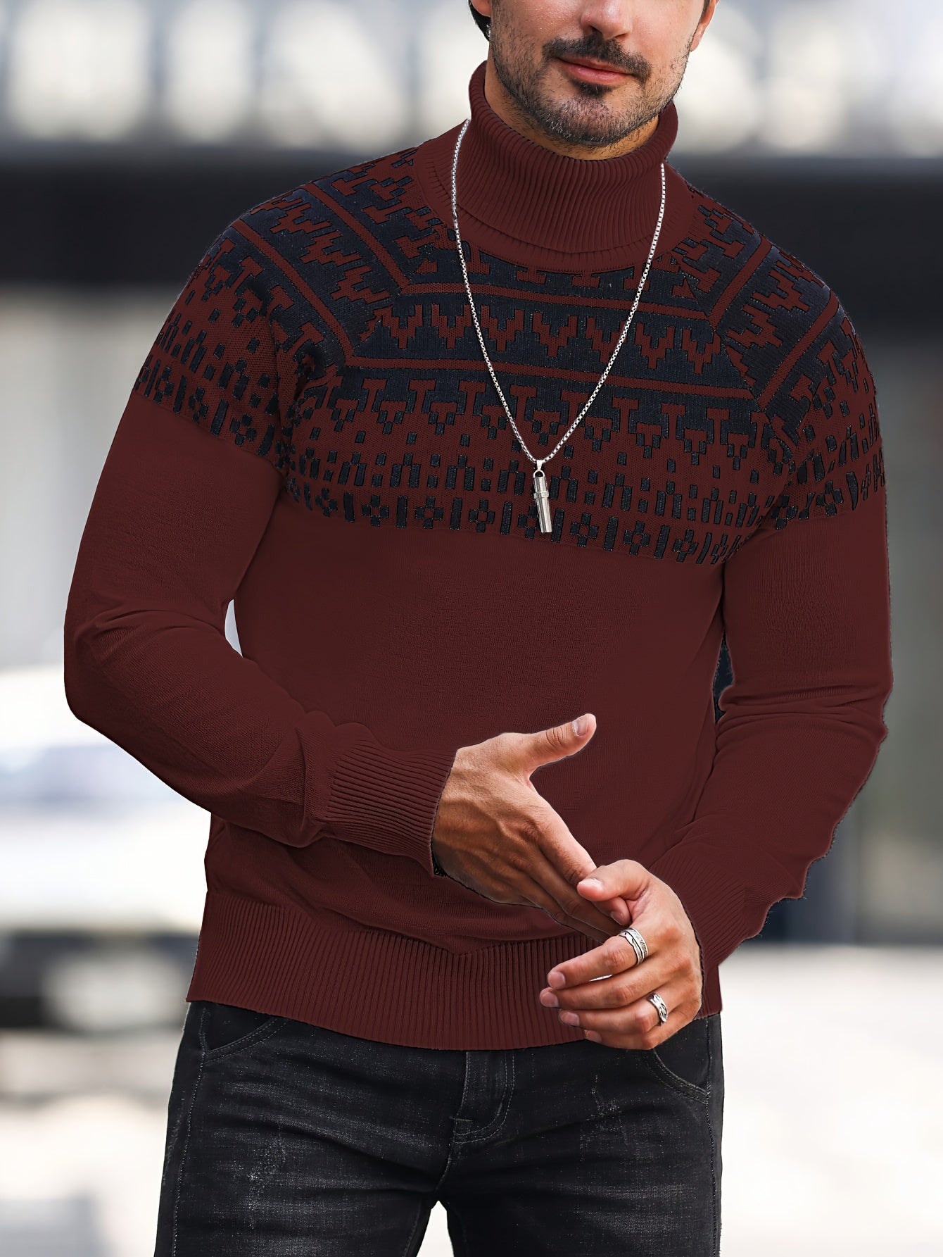 Men's Geometric Graphic Print Knitted Pullover, Casual Long Sleeve Turtle Neck Sweater For Fall Winter, Outdoor Cloth