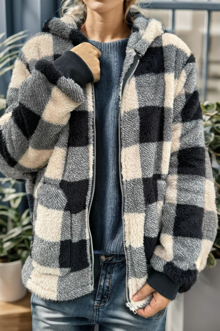Double Take Full Size Plaid Long Sleeve Hooded Coat - MyEmpired