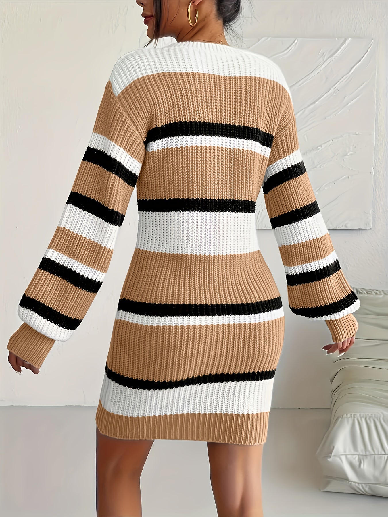 Women'S Casual Knit Sweater Dress, Nylon, Solid Color, Round Neck, Mid-Length, Fashionable Pullover, X-Shaped Fit, for All Seasons