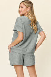 Double Take Full Size Texture Short Sleeve T-Shirt and Drawstring Shorts Set - MyEmpired