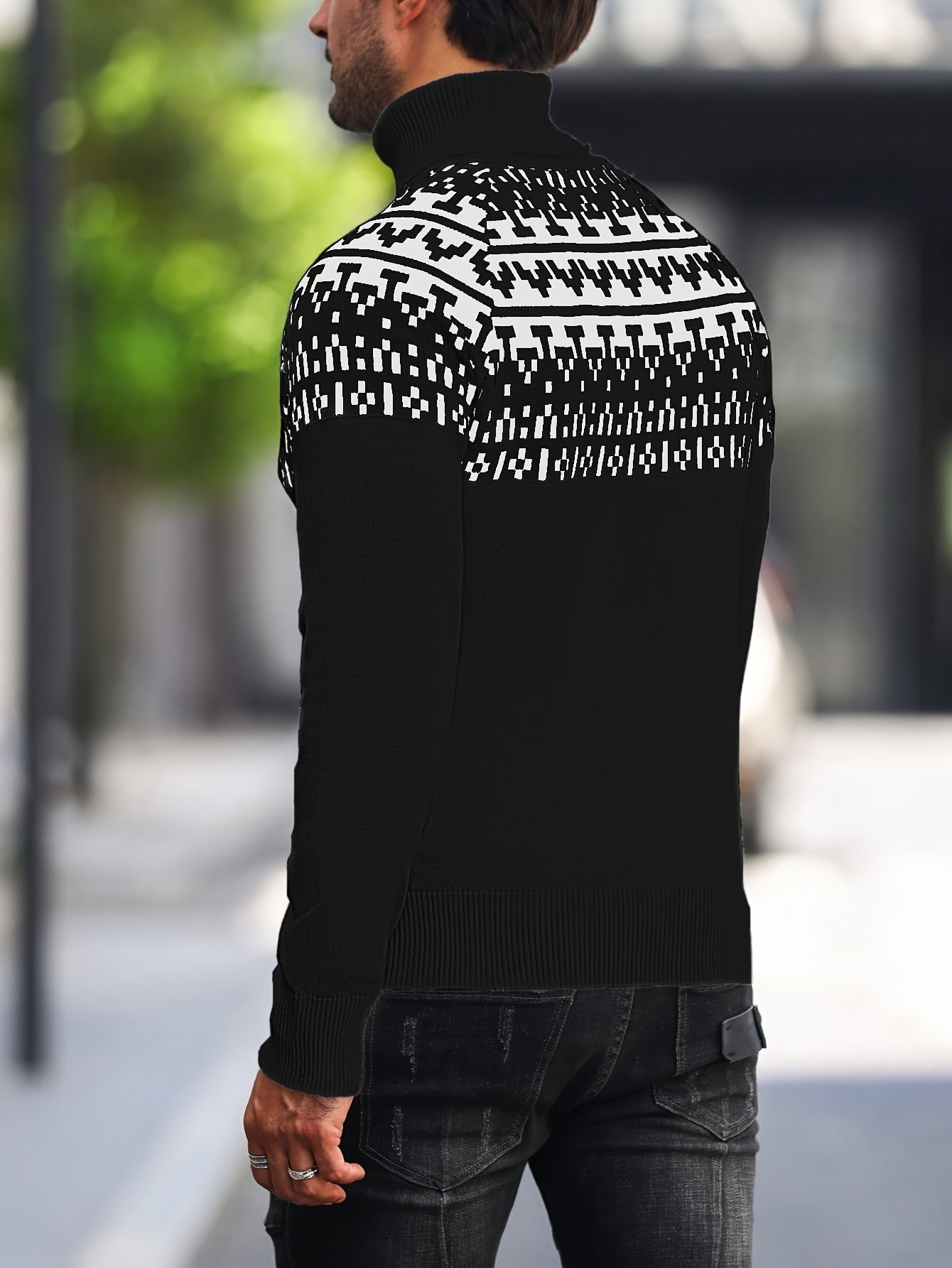 Men's Geometric Graphic Print Knitted Pullover, Casual Long Sleeve Turtle Neck Sweater For Fall Winter, Outdoor Cloth