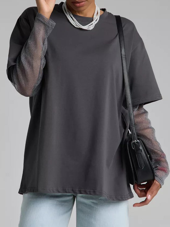 Faux Layered Round Neck Mesh Sleeve Top - MyEmpired