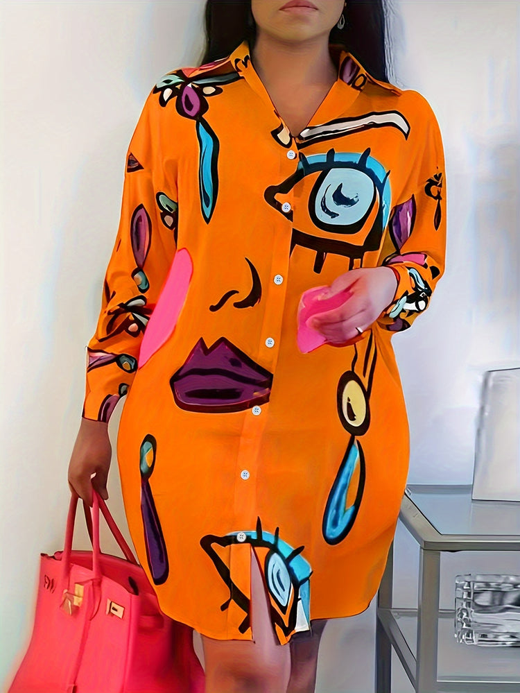 Abstract Print Button Front Shirt Dress - MyEmpired