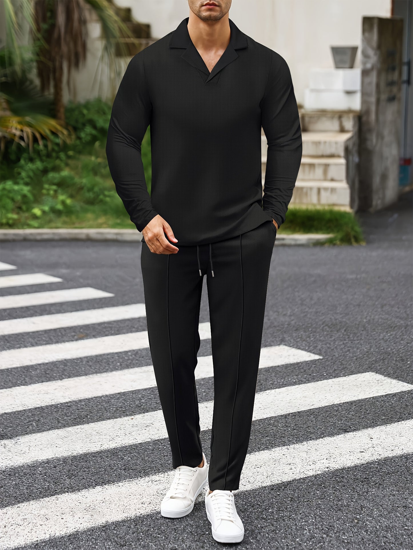 Men's Solid Color Casual Outfit Set, Long Sleeve Lapel Collar Shirt And Pants Set For Casual Daily Wear