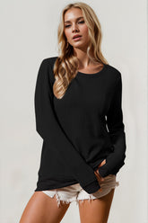 Double Take Corded Rib Thumbhole Cuff Round Neck T-Shirt - MyEmpired