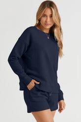 Double Take Full Size Texture Long Sleeve Top and Drawstring Shorts Set - MyEmpired