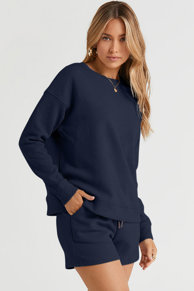 Double Take Full Size Texture Long Sleeve Top and Drawstring Shorts Set - MyEmpired