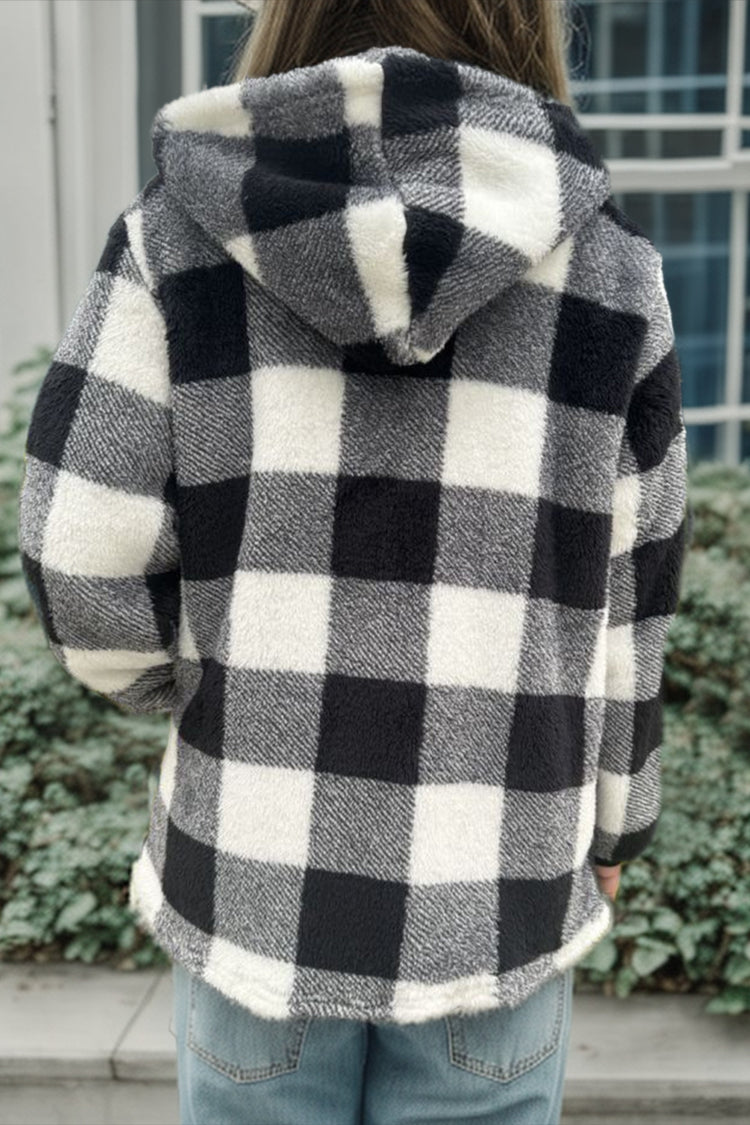 Double Take Full Size Plaid Long Sleeve Hooded Coat - MyEmpired