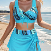 Polka Dot Print 3 Piece Set Tankini, V Neck Drawstring Front High Cut With Cover Up Skirt Swimsuits, Women&