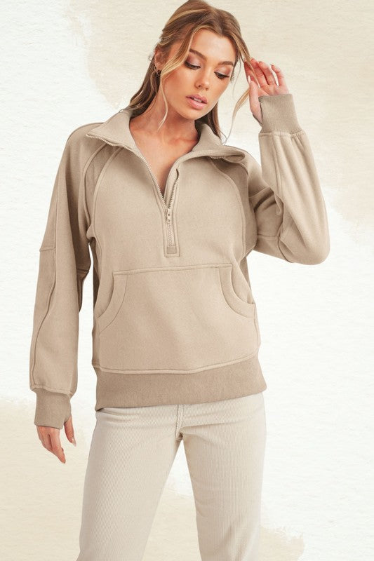 Aemi + Co Half Zip Raglan Sleeve Sweatshirt with Kangaroo Pocket - MyEmpired