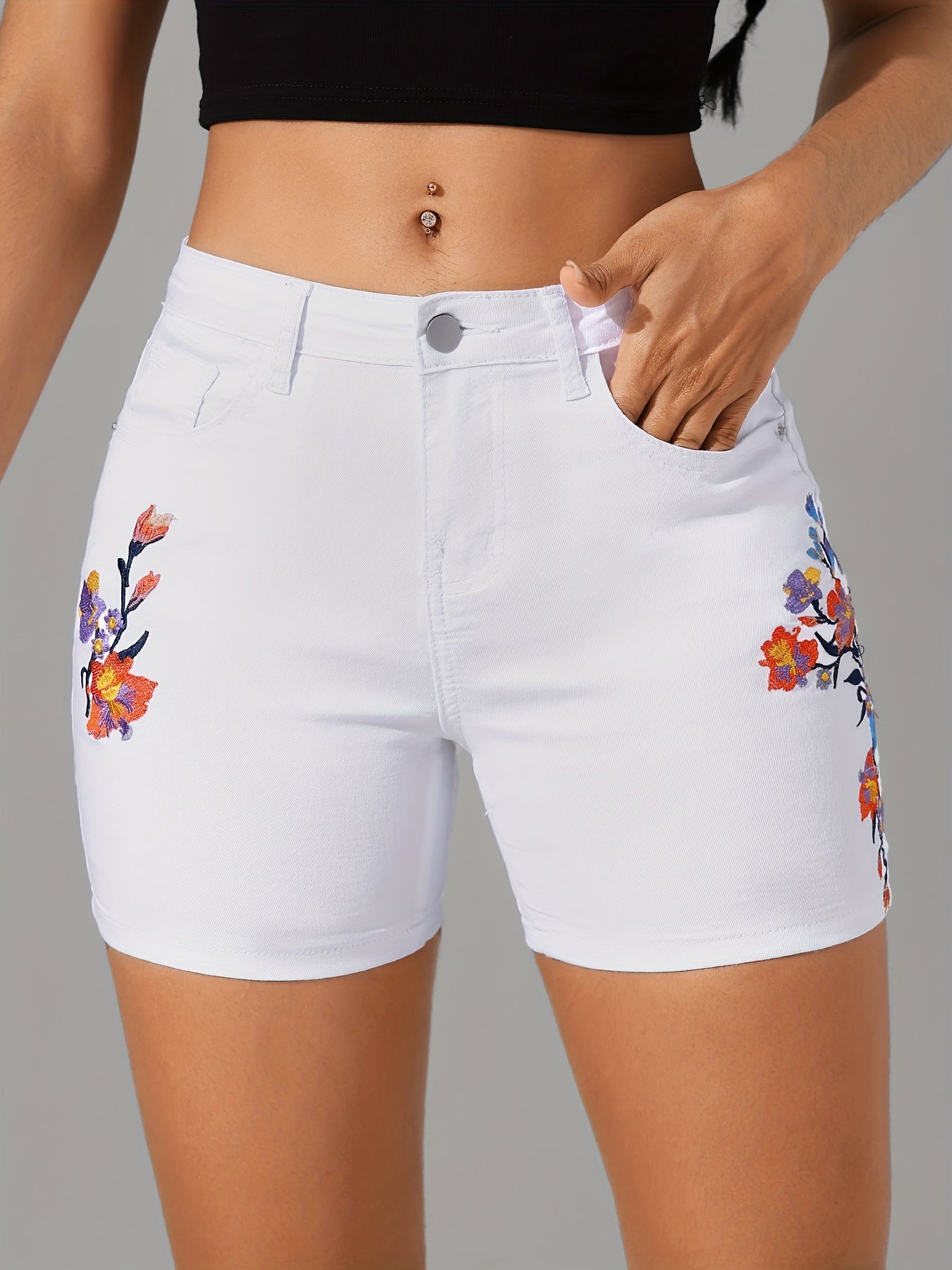 Women's Casual Mid-Rise Elastic Waist Denim Shorts, White with Floral Embroidery, Stretchy Slim Fit Jean Shorts