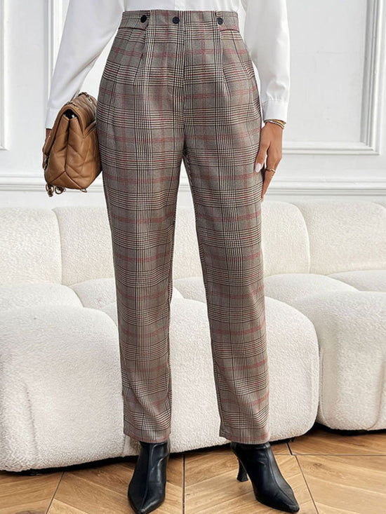 Perfee Plaid Straight Pants with Pockets - MyEmpired