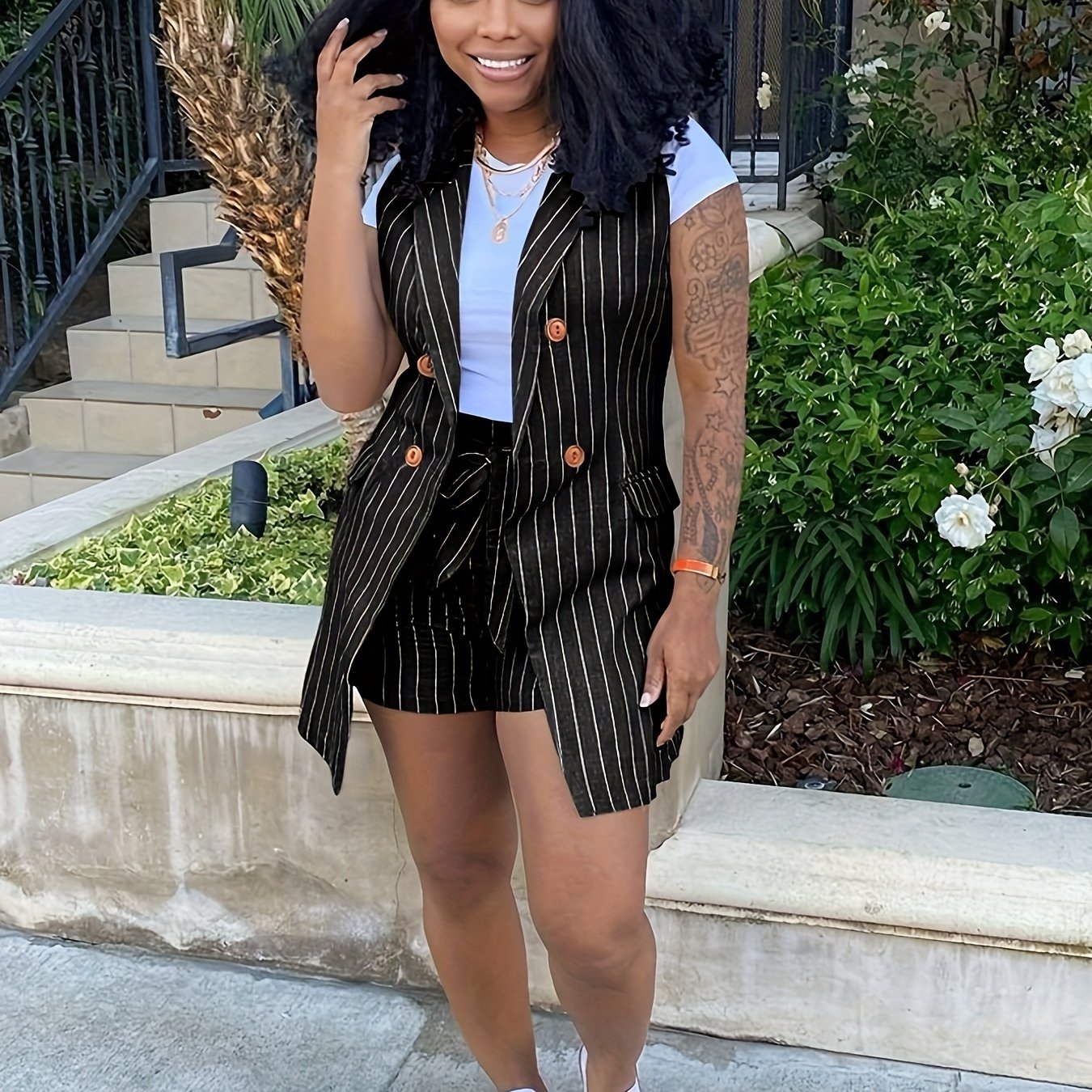 Elegant Striped Print Two Pieces, Double-Breasted Lapel Collar Sleeve Vest & Paper Bag Waist Belted Shorts Outfits, Women&