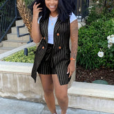Elegant Striped Print Two Pieces, Double-Breasted Lapel Collar Sleeve Vest & Paper Bag Waist Belted Shorts Outfits, Women&