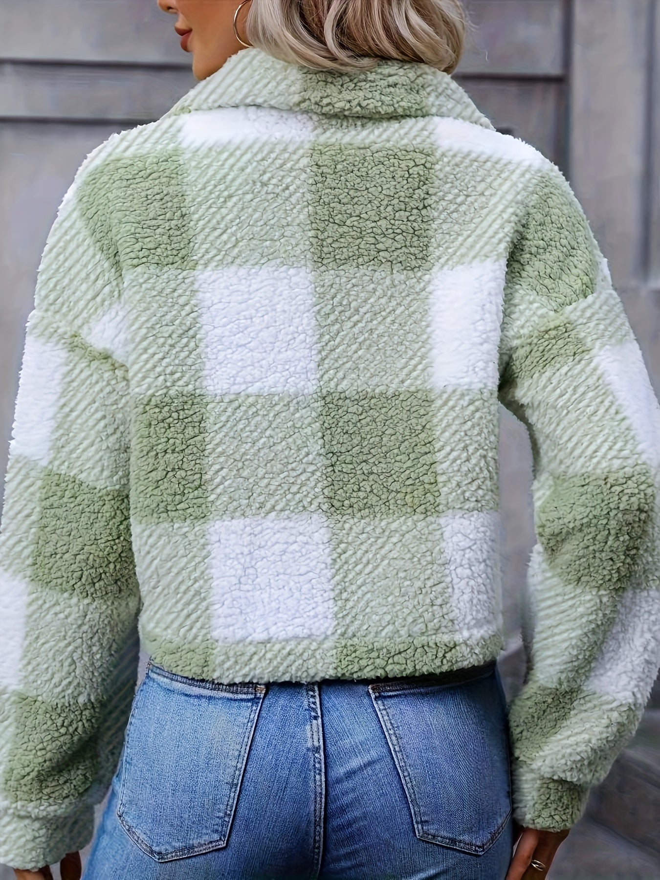 Plaid Teddy Coat, Casual Button Front Long Sleeve Winter Warm Outerwear, Women&