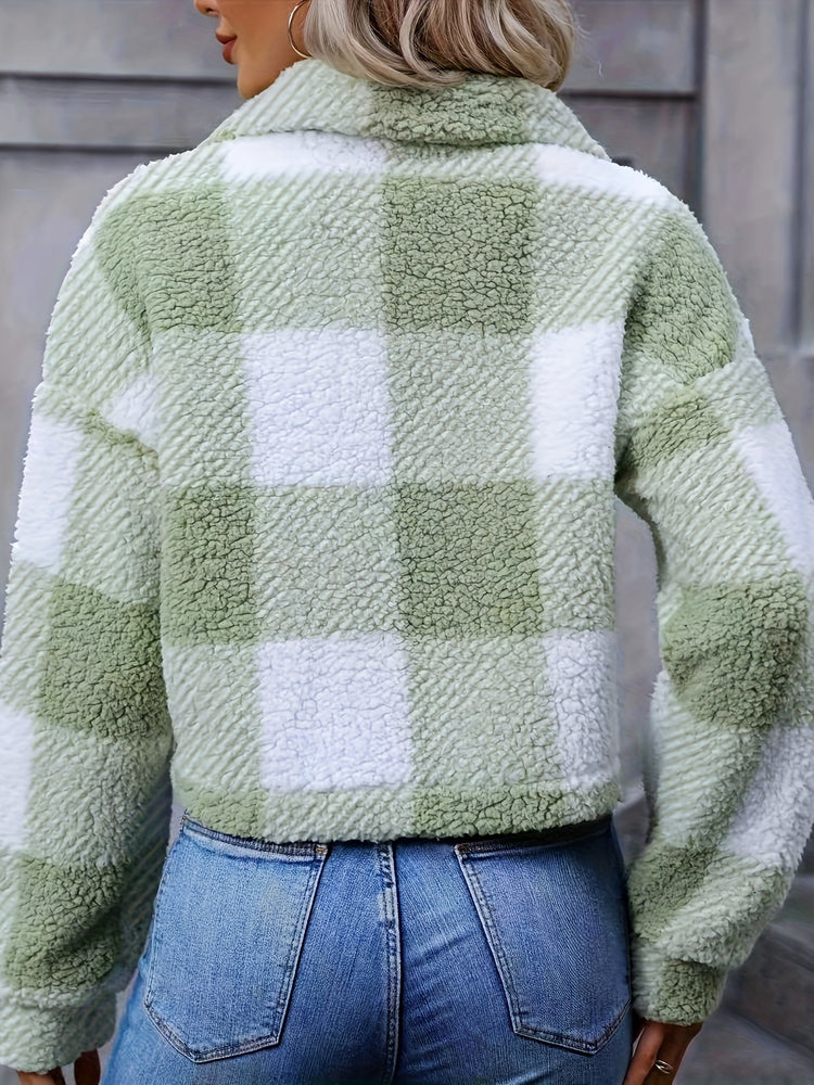 Plaid Teddy Coat, Casual Button Front Long Sleeve Winter Warm Outerwear, Women&