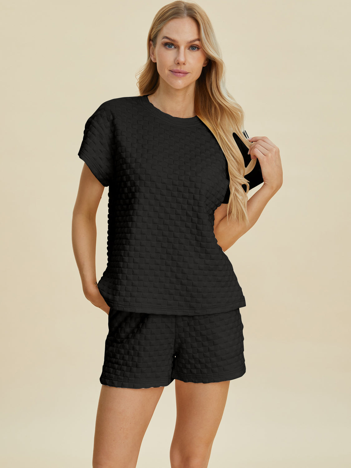 Double Take Full Size Texture T-Shirt and Shorts Set - MyEmpired